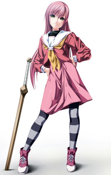 Anime picture 703x1100 with hayate no gotoku! katsura hinagiku rezi single long hair tall image looking at viewer fringe simple background hair between eyes standing white background green eyes pink hair full body light smile shadow hands on hips girl thighhighs