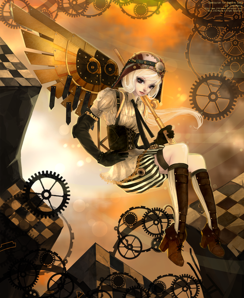Anime picture 1726x2105 with original jinkimania (artist) single long hair tall image highres white hair lips black eyes checkered mechanical wings girl gloves elbow gloves boots helmet gears cane