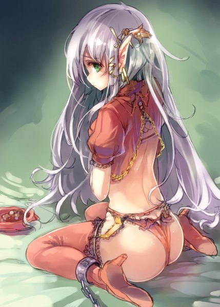 Anime picture 858x1200 with original ukyo rst single long hair tall image light erotic sitting green eyes silver hair pointy ears puffy sleeves wariza elf bondage sketch bdsm girl thighhighs underwear panties