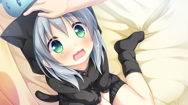 Anime picture 1920x1080 with ama koi syrups katori rin suimya long hair blush fringe highres open mouth hair between eyes wide image sitting green eyes silver hair from above wallpaper wariza looking up solo focus hand on another's head wavy mouth