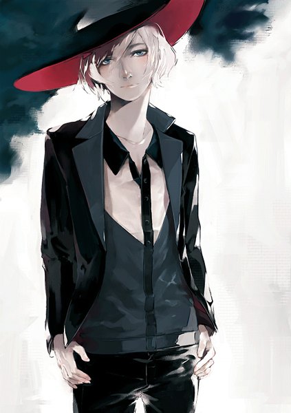 Anime picture 1000x1417 with original futami jun single tall image looking at viewer short hair blue eyes blonde hair simple background hands on hips boy hat shirt pants