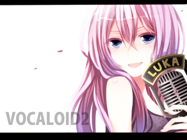 Anime picture 1500x1125 with vocaloid megurine luka long hair blue eyes smile white background pink hair girl microphone