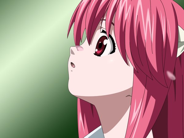 Anime picture 1600x1200 with elfen lied arms corporation lucy single long hair open mouth red eyes pink hair profile horn (horns) girl shirt petals