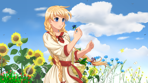 Anime picture 1920x1080 with the herbalist moonworks slavyana (the herbalist) orika nekoi single long hair blush fringe highres blue eyes blonde hair wide image sky cloud (clouds) braid (braids) twin braids girl dress flower (flowers) insect