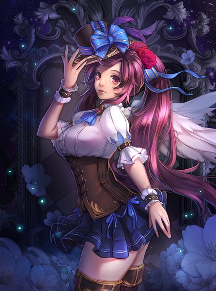 Anime picture 800x1077 with original tracyton single long hair tall image looking at viewer blush red eyes pink hair ponytail pleated skirt arm up aqua eyes sparkle short sleeves zettai ryouiki puffy sleeves angel wings lacing arched back