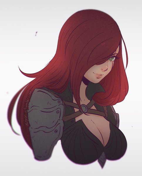 Anime picture 726x900 with league of legends katarina (league of legends) koyoriin single long hair tall image looking at viewer fringe breasts light erotic simple background smile large breasts white background green eyes signed looking away upper body ahoge red hair