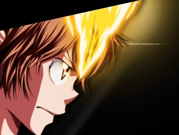 Anime picture 1200x909 with katekyou hitman reborn sawada tsunayoshi eroishi single short hair brown hair brown eyes profile coloring magic close-up face boy