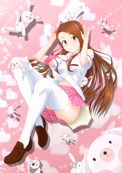 Anime picture 1060x1500 with idolmaster minase iori tetuo kun single long hair tall image looking at viewer smile brown hair brown eyes girl thighhighs skirt shirt white thighhighs necktie toy stuffed animal stuffed rabbit