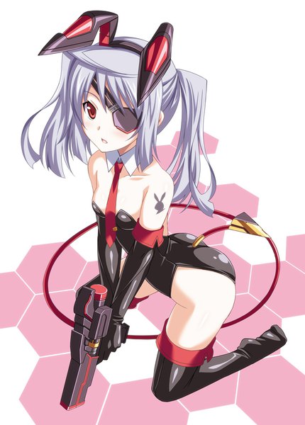 Anime picture 727x1013 with infinite stratos 8bit laura bodewig soukai (lemonmaiden) single long hair tall image breasts light erotic red eyes twintails bare shoulders looking away silver hair full body ass tail from above tattoo kneeling