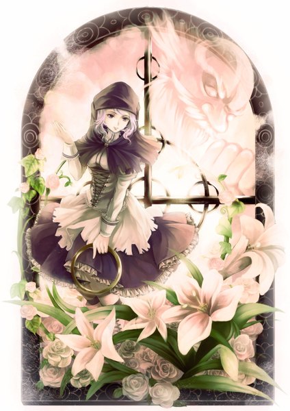 Anime picture 1000x1414 with touhou kumoi ichirin unzan awa toka tall image short hair purple eyes pink hair girl dress flower (flowers) rose (roses) white rose lily (flower)