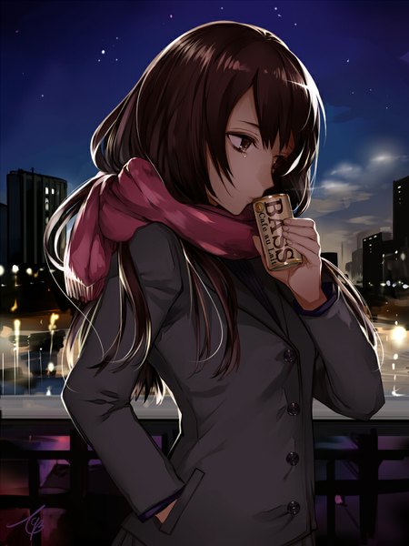 Anime picture 750x999 with original tcb (pixiv) single long hair tall image fringe brown hair standing brown eyes signed outdoors night night sky city looking down cityscape hand in pocket drinking girl uniform