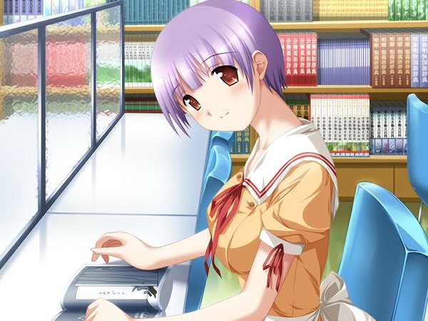Anime picture 1024x768 with alto miharu - alto another story ootori mizuho short hair red eyes game cg purple hair girl serafuku