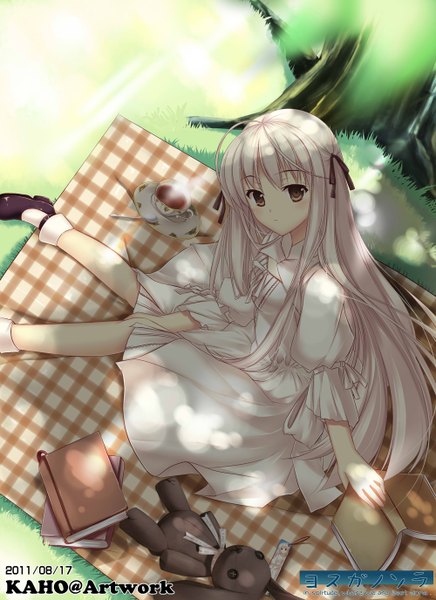 Anime picture 1000x1376 with yosuga no sora kasugano sora kaho okashii single long hair tall image blush brown eyes white hair from above sunlight girl dress ribbon (ribbons) plant (plants) hair ribbon tree (trees) socks book (books) white socks