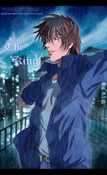 Anime picture 3000x4917 with death note madhouse yagami light robuste97 single tall image highres short hair smile red eyes brown hair sky cloud (clouds) inscription open clothes open shirt coloring city spread arms rain