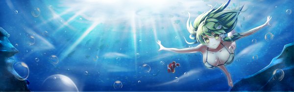 Anime picture 3000x940 with touhou kochiya sanae motokonut single long hair highres breasts light erotic wide image green eyes green hair underwater girl hair ornament swimsuit bikini bubble (bubbles) fish (fishes) hair tubes