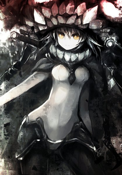 Anime picture 697x1000 with kantai collection wo-class aircraft carrier zen33n single tall image looking at viewer short hair hair between eyes yellow eyes monochrome shinkaisei-kan girl weapon gun bodysuit monster