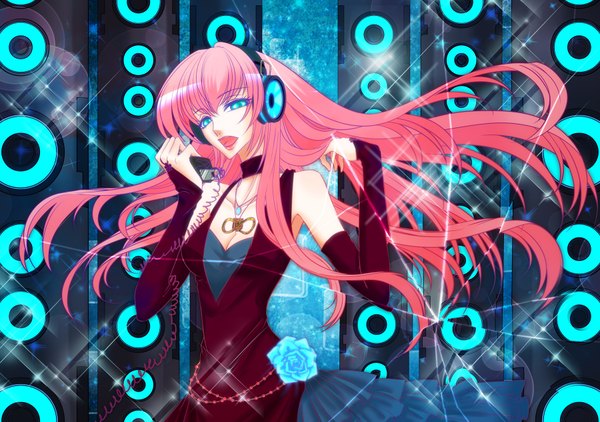 Anime picture 1800x1268 with vocaloid megurine luka single long hair highres open mouth blue eyes pink hair girl gloves elbow gloves headphones rose (roses) jewelry microphone blue rose speakers