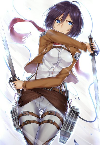 Anime picture 1100x1600 with shingeki no kyojin production i.g mikasa ackerman suika01 single tall image looking at viewer short hair blue eyes black hair holding wind thigh gap dual wielding frown girl weapon shirt sword scarf