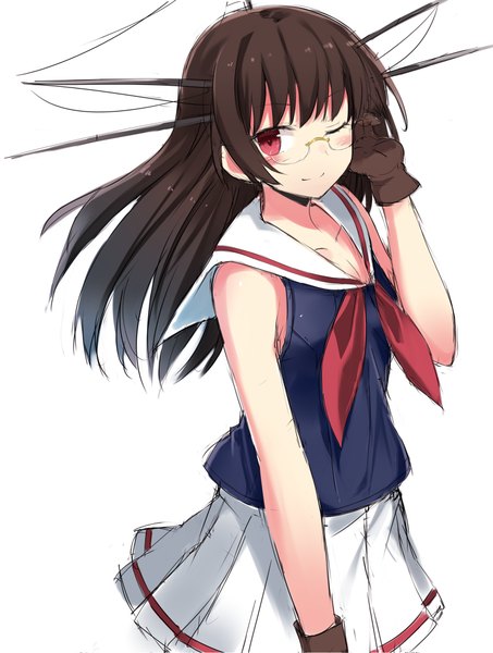 Anime picture 755x1000 with kantai collection choukai heavy cruiser kuhotaka single long hair tall image looking at viewer blush simple background smile red eyes brown hair white background bare shoulders one eye closed wink girl gloves hair ornament glasses