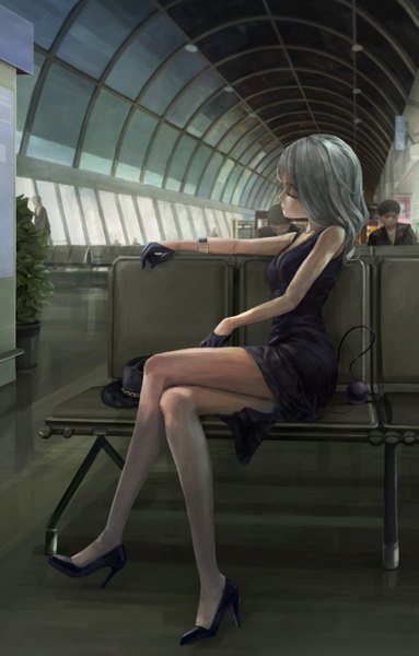 Anime picture 1660x2600 with touhou komeiji koishi pupil g single long hair tall image fringe breasts sitting bare shoulders cleavage bent knee (knees) indoors eyes closed head tilt profile bare legs high heels crossed legs hat removed