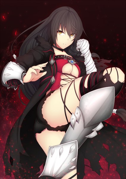 Anime picture 900x1272 with tales of (series) tales of berseria velvet crowe daiaru single long hair tall image looking at viewer breasts light erotic black hair yellow eyes torn clothes dark background girl shorts short shorts bandage (bandages)