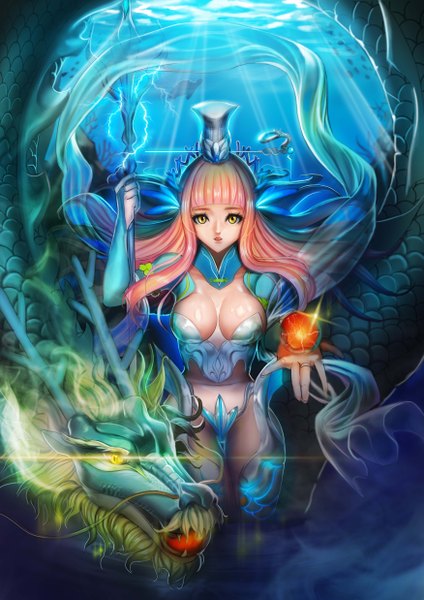Anime picture 3500x4951 with original silvester single long hair tall image looking at viewer highres breasts light erotic yellow eyes pink hair absurdres girl dragon shawl trident