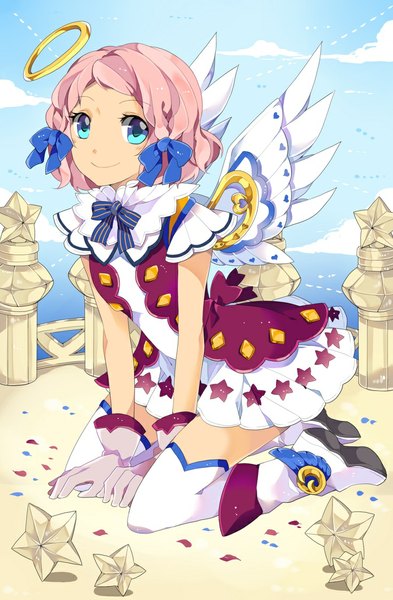Anime picture 736x1123 with revenge of dragoon ribedora single tall image looking at viewer short hair smile sitting pink hair sky cloud (clouds) full body outdoors aqua eyes short sleeves zettai ryouiki beach kneeling angel wings sand