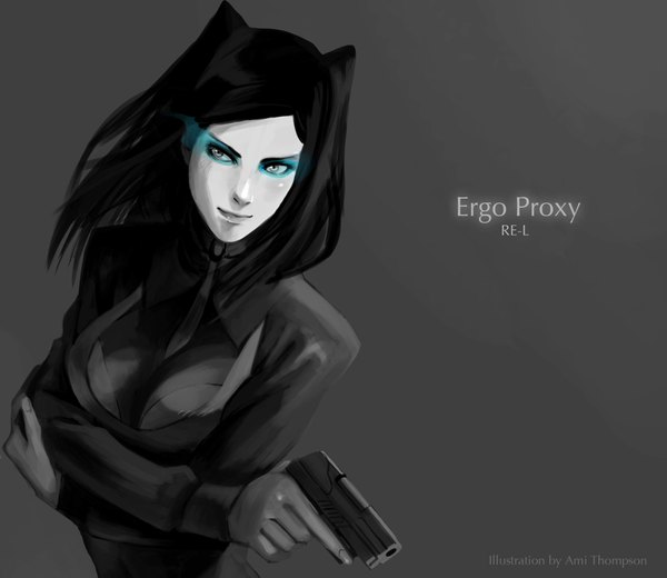 Anime picture 2200x1909 with ergo proxy re-l mayer ami thompson single long hair highres black hair simple background inscription grey background glowing monochrome glowing eye (eyes) pale skin eyeshadow girl weapon gun