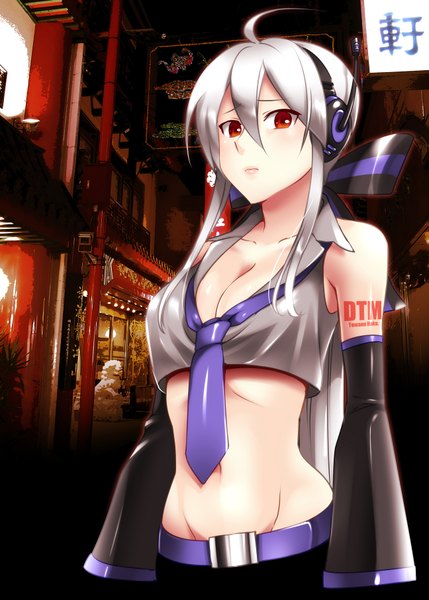 Anime picture 1295x1812 with vocaloid yowane haku caffein single long hair tall image red eyes bare shoulders grey hair girl detached sleeves headphones