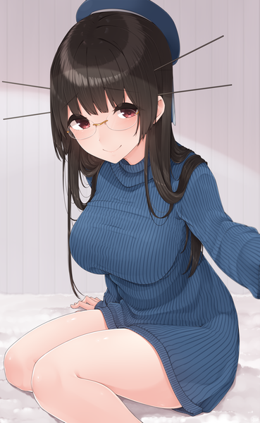 Anime picture 2800x4545 with kantai collection choukai heavy cruiser yukichi (sukiyaki39) single long hair tall image looking at viewer blush fringe highres breasts light erotic black hair smile red eyes large breasts sitting bent knee (knees) light smile arm support