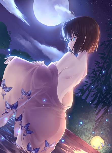 Anime picture 1240x1683 with kara no kyoukai type-moon ryougi shiki gogatsu fukuin single tall image looking at viewer fringe short hair blue eyes light erotic standing cloud (clouds) outdoors traditional clothes japanese clothes profile arm up night night sky
