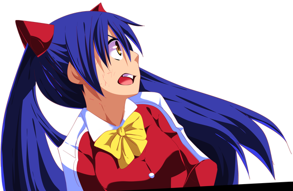 Anime picture 3200x2090 with fairy tail wendy marvell tongasart single long hair highres open mouth twintails yellow eyes blue hair absurdres profile looking back loli coloring transparent background girl uniform school uniform bowtie