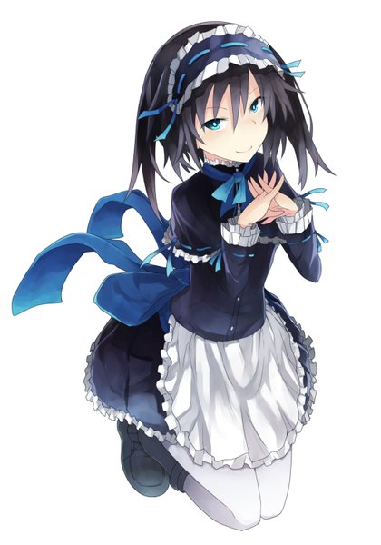 Anime picture 1050x1500 with original keid single tall image looking at viewer short hair blue eyes black hair smile white background girl dress bow frills headdress
