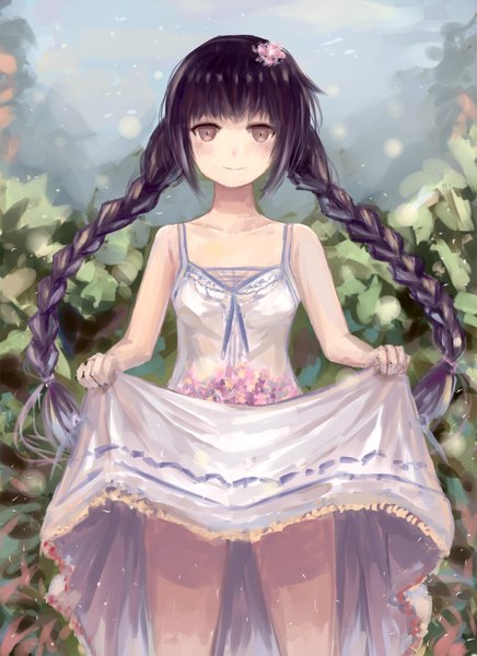 Anime picture 1200x1651 with original nio (jacky19921205) single long hair tall image looking at viewer blush fringe black hair smile standing bare shoulders holding brown eyes braid (braids) hair flower bare legs twin braids girl dress