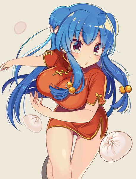 Anime picture 764x1000 with ranma 1/2 shampoo (ranma 1/2) shigure ui long hair tall image looking at viewer blush breasts light erotic simple background large breasts purple eyes blue hair traditional clothes parted lips blurry grey background :o hair bun (hair buns) floating hair