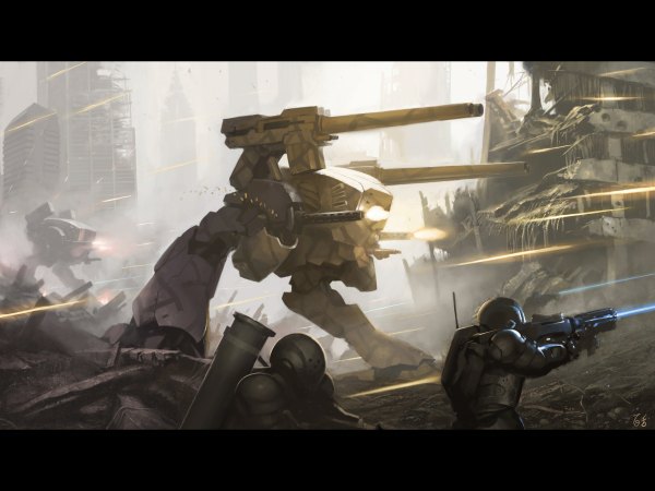 Anime picture 1200x900 with city ruins battle firing war gun rifle mecha mozuo