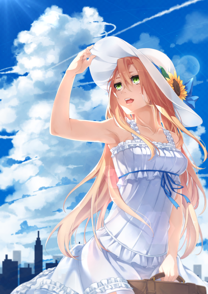 Anime picture 1448x2048 with original cccclaw single long hair tall image fringe open mouth blonde hair hair between eyes standing bare shoulders holding green eyes looking away sky cloud (clouds) sunlight teeth leaning leaning forward