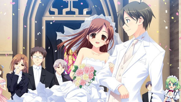 Anime picture 1280x720 with kimi wo aogi otome wa hime ni miyazono hitomi long hair black hair brown hair wide image brown eyes game cg couple girl dress boy wedding dress