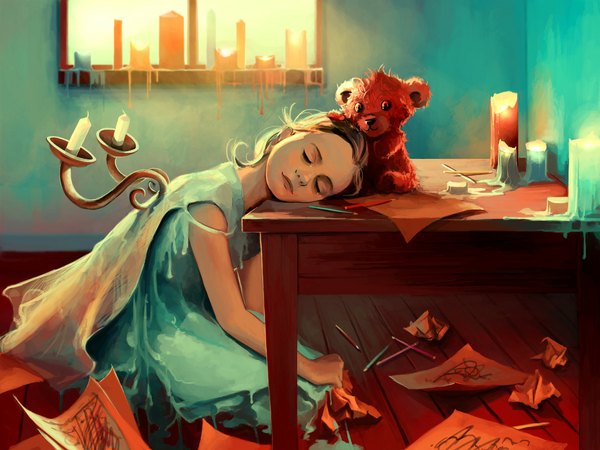 Anime picture 1100x825 with original aquasixio (artist) short hair brown hair eyes closed realistic sleeping girl window building (buildings) table paper teddy bear candle (candles) pen