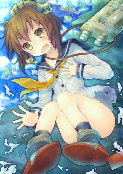Anime picture 919x1300 with kantai collection shimakaze destroyer rensouhou-chan yukikaze destroyer kabocha usagi single tall image short hair open mouth brown hair brown eyes torn clothes girl hair ornament shoes sailor suit binoculars
