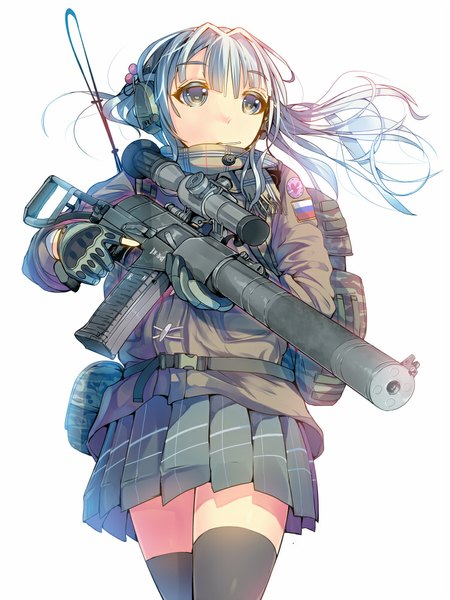 Anime picture 750x1000 with original daito (daito369) single long hair tall image blush simple background white background holding blue hair looking away zettai ryouiki mouth hold weightlessness trigger discipline girl thighhighs skirt gloves uniform