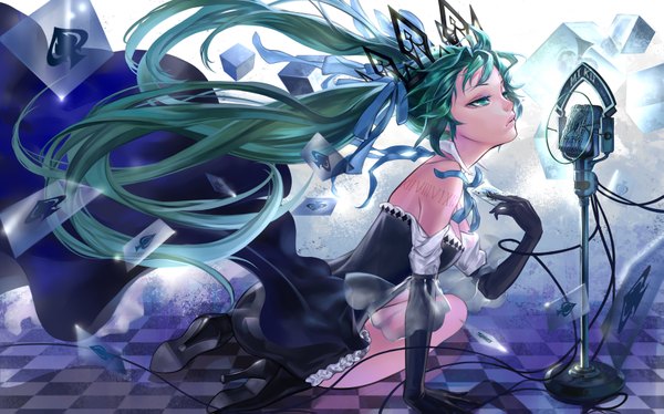 Anime picture 1701x1063 with vocaloid hatsune miku l.green single long hair blush highres wide image sitting twintails bare shoulders looking away aqua eyes green hair tattoo high heels weightlessness girl dress gloves