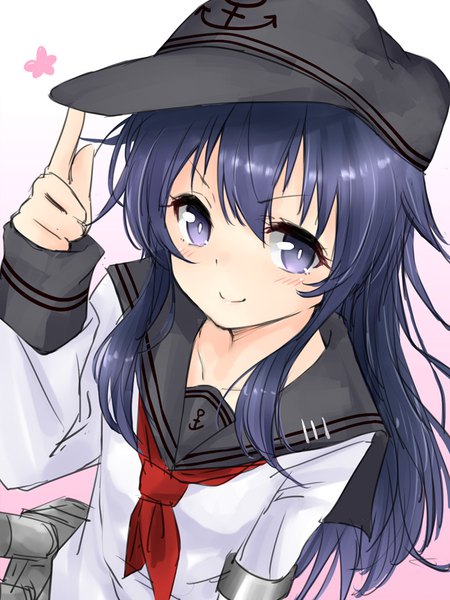 Anime picture 675x900 with kantai collection akatsuki destroyer harino646 single long hair tall image blush fringe blue eyes hair between eyes blue hair upper body light smile from above gradient background adjusting hat girl uniform hat serafuku