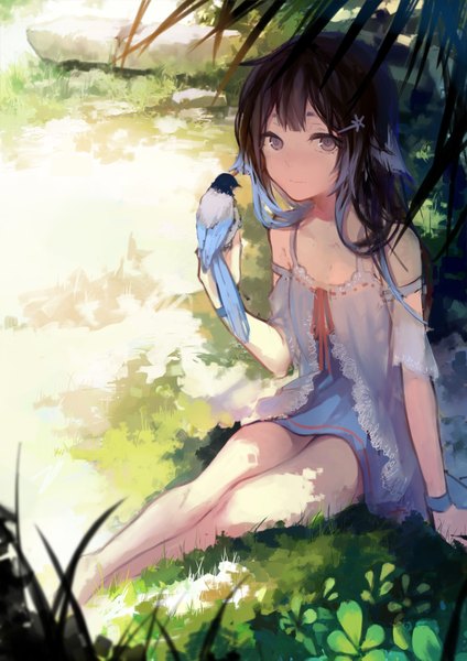 Anime picture 2480x3507 with original ctrl (821642) single long hair tall image looking at viewer fringe highres black hair sitting bare shoulders brown eyes barefoot bare legs shadow no shoes girl dress hair ornament ribbon (ribbons)