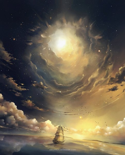 Anime picture 808x1000 with megatruh tall image sky cloud (clouds) wind reflection horizon glow animal sea bird (birds) sailing-ship