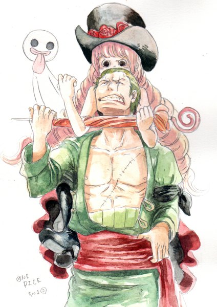 Anime picture 800x1133 with one piece toei animation roronoa zoro perona chikama (minka) long hair tall image short hair simple background white background signed pink hair green hair black eyes drill hair scar ghost traditional media closed umbrella watercolor (medium)