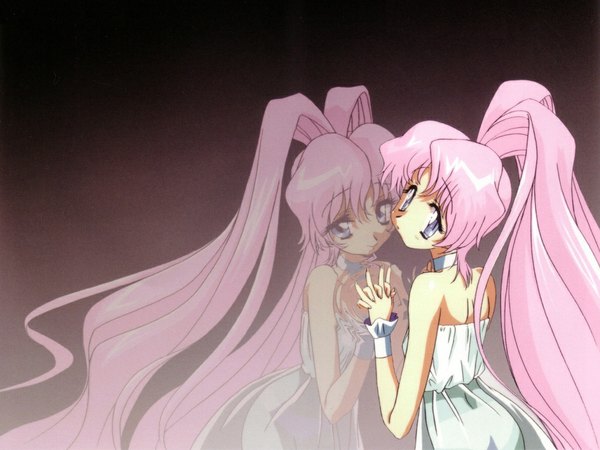 Anime picture 1024x768 with kimura takahiro long hair purple eyes pink hair ponytail very long hair holding hands reflection choker betterman akamatsu sakura