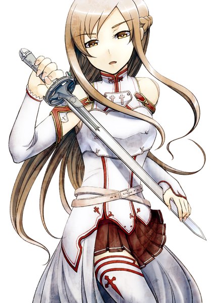 Anime picture 905x1280 with sword art online a-1 pictures yuuki asuna sai-caster (artist) single long hair tall image looking at viewer open mouth simple background brown hair white background bare shoulders brown eyes pleated skirt girl thighhighs skirt weapon white thighhighs
