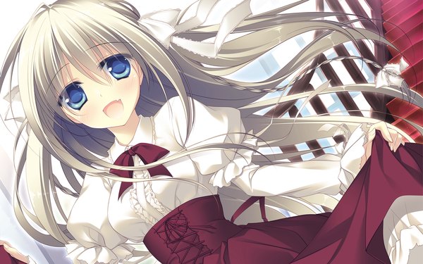 Anime picture 1920x1200 with motomiya mitsuki single long hair blush highres open mouth blue eyes blonde hair wide image girl dress bow hair bow