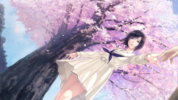 Anime picture 1280x720 with kara no shoujo innocent grey tokisaka yukari sugina miki short hair open mouth blue eyes black hair wide image standing game cg sky outdoors cherry blossoms holding hands flat chest girl boy uniform plant (plants)